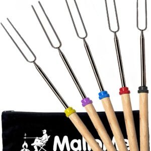 MalloMe Smores Sticks for Fire Pit Long – Marshmallow Roasting Sticks Smores Kit – Smore Skewers Hot Dog Fork Campfire Cooking Equipment, Camping Essentials S’mores Gear Outdoor Accessories 32″ 5 Pack