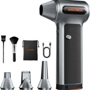 WOLFBOX MF200 Compressed Air Duster with Removable Battery & 4 Nozzles, Cordless 3-Speed Adjustable Mini Blower for Computer Keyboard, Car Cleaning, Home, and Outdoor Use