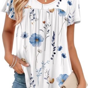 Zeagoo Women Tops Summer Ruffle Short Sleeve Shirts V Neck T Shirts Pleated Tunic Tops Work Blouses Business Outfits