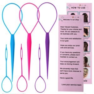 Aigee 6pcs Topsy Tail and Hair Loop Styling Tool Set – Ponytail Makers, French Braid Loops in Large and Small, Hair Pull Through Tools (Pink, Blue, Purple) for Women and Girls
