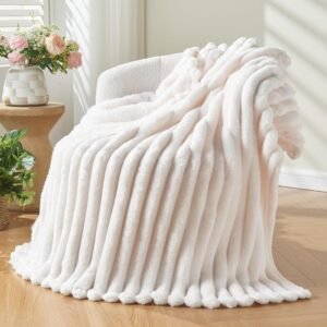 NEWCOSPLAY Super Soft Throw Blanket Ivory Premium Silky Flannel Fleece 3D Ribbed Jacquard Lightweight Bed Blanket All Season Use (Ivory Ribbed, Throw(50″x60″))