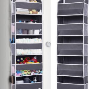 ULG 1 Pack Over Door Organizer with 5 Large and 10 Mesh Side Pockets, 44 lbs Weight Capacity Hanging Storage with Clear Window Kids Toys, Shoes, Diapers, Dark Grey, 5 Layers