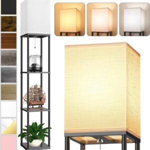 Floor Lamp with Shelves for Living Room, Shelf Floor Lamp with 3 CCT LED Bulb, Corner Display Standing Column Lamp Etagere Organizer Tower Nightstand with White Linen Shade for Bedroom, Office