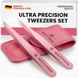 Beauty Power Professional Tweezers Set – Slant & Point, Ultra Precision German Stainless Steel Tweezers for Eyebrows, Chin, Ingrown Hair & Facial Grooming – Lightweight with Case – Gift Idea – Pink