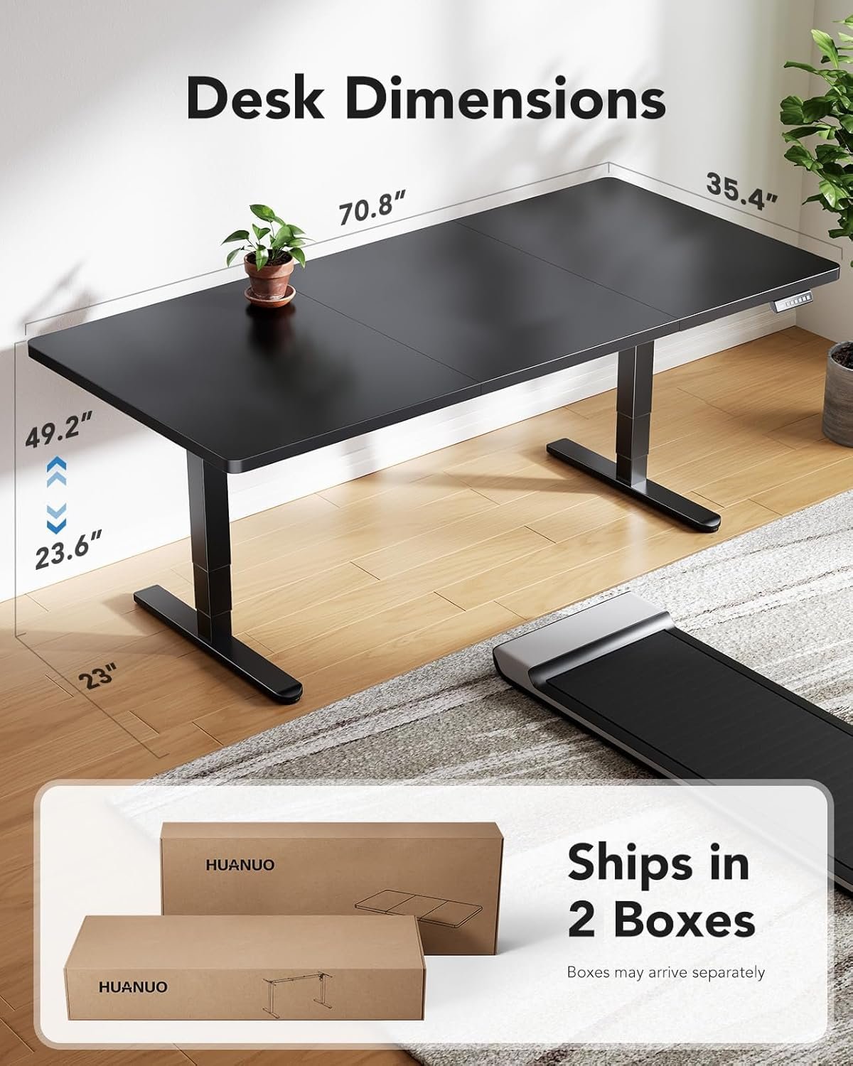 HUANUO 71x35 Inch 3-Stage Legs Electric Standing Desk, Large Height Adjustable Office Desk with Brushless Motor, Stand Up Desk with 4 Memory Presets & 2 Hooks, Computer Desk for Home Office, Black - Image 3