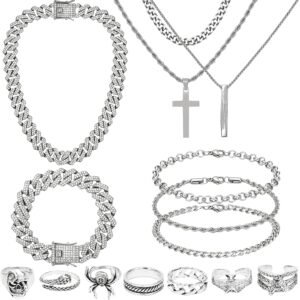 NEWITIN 15 Pieces Silver Jewelry Set for Men Stainless Steel Cuban Link Necklace Bracelet Cross Pendant Necklace Vintage Ring Cuban Jewelry Set for Men Women