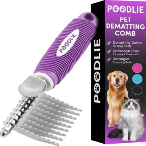 Poodle Dematting Fur Rake Comb Brush for Dogs and Cats – Long 2.5″ Steel Safety Blades Metal Comb for Detangling Matted or Knotted Undercoat Hair