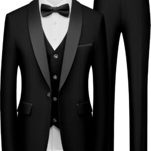 WULFUL Men’s 3 Piece Suits Slim Fit Tuxedo Suit Set One Button Shawl Lapel Blazer Jacket Vest Pants Set for Prom, Business