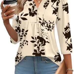 IECCP 3/4 Length Sleeve Womens Tops Dressy Casual Henley V-Neck Summer Tops Pleated T-Shirts Loose Fit Work Blouses