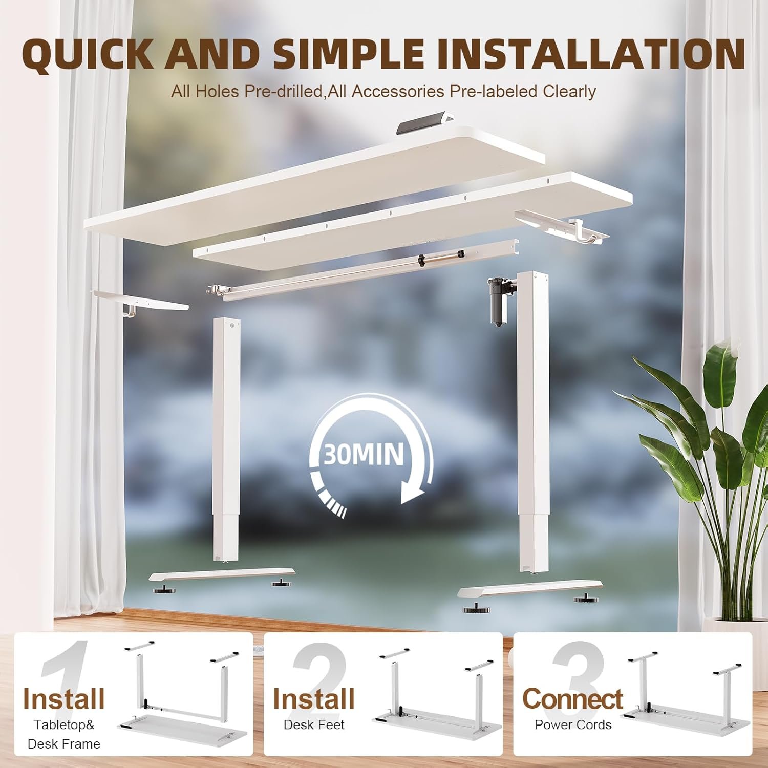 Veken 55 Inch Large Electric Standing Desk,Sit to Stand Up, Heights Adjustable, Work Home Office Computer Table for Study, Walking Pad, Writing, and Games, Wooden Desktop Desks, White - Image 5