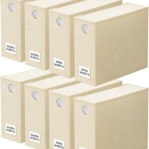 SpaceAid 8 Pack Bed Sheet Organizers and Storage, Foldable Sheet Organizer for Linen Closet, Sheets Set Folder Keeper with Window XL (Queen & King Size) Bedding Container (Beige, 8 Pack)