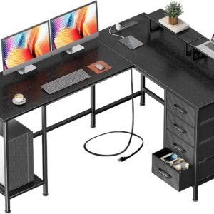 Korfile 59 inch L Shaped Computer Desk with Power Outlets, Home Office Desk with 4 Adjustable Storage Drawers & 2 Monitor Stands, Two Person Gaming Table for Bedroom, Black