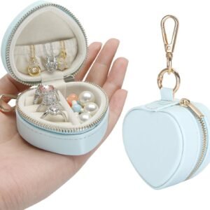KUKUVR Mini Heart Jewelry Box with Keychain, Portable Travel Jewelry Organizer Case for Rings Earrings Necklaces, Small Gift for Women Travel Gym Daily Use (Blue)