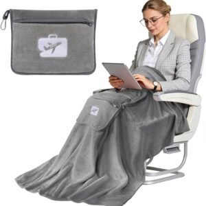 SINLAND Travel Pillow and Blanket 2-in-1 Set,Airplane Packable Bag,Soft and Lightweight Plane Flight Car Trips Travel Essentials Gift,Hand Luggage Sleeve and Backpack Clip,60×50 Inch Grey