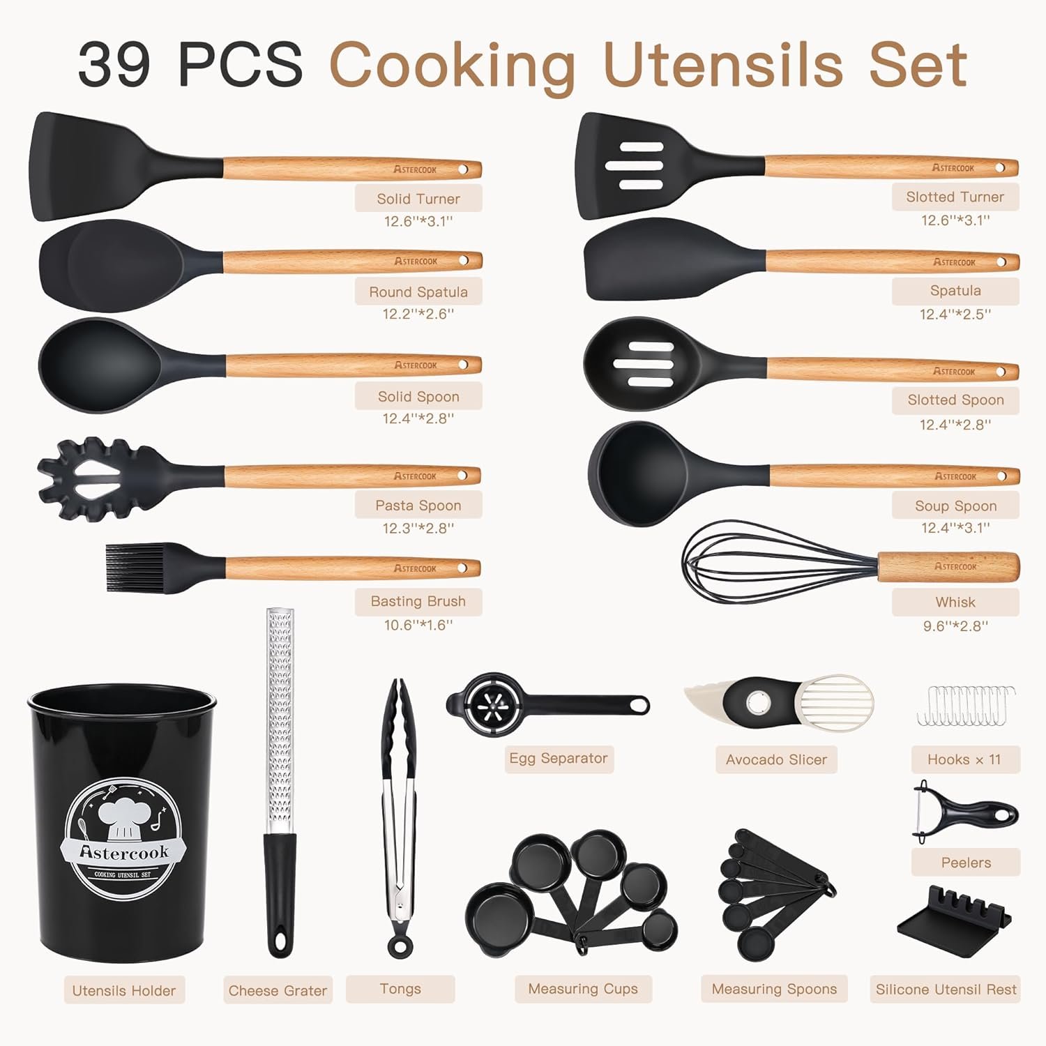 Astercook 39 PCS Kitchen Utensils Set, Silicone Cooking Utensil Sets with Wooden Handle, 446°F Heat Resistant Food Grade Spatula Set, BPA Free Kitchen Gadgets Tools Set & Spoons for Nonstick Cookware - Image 2