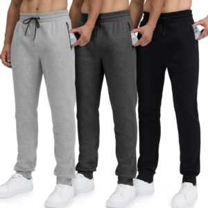 Sweatpants for Men Fleece 3 Pack Joggers Gym Workout Athletic Track Mens Sweat Pants Cotton with Zipper Pockets
