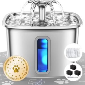Veken Innovation Award Winner Stainless Steel Cat Water Fountain, 108oz/3.2L Automatic Pet Fountain Dog Water Dispenser with 3 Replacement Filters & Silicone Mat, Gifts for Cats, Dogs (Silver)
