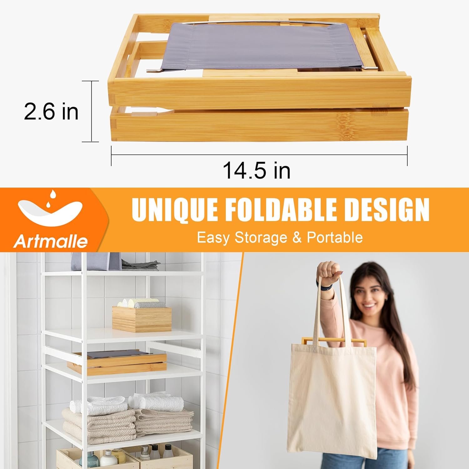 Artmalle Luxury Bathtub Caddy Tray for Tub - Foldable Bamboo Bath Table Tray with Book and Wine Glass Holder, Expandable Bathroom Accessories for Spa or Reading Lite Style - Image 6