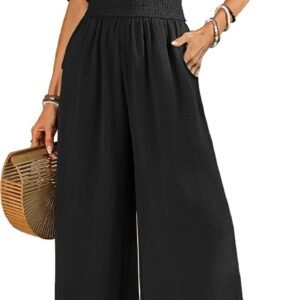 LOOKBOHO Womens Jumpsuits Short Sleeve V Neck Dressy Casual Wide Leg Pants Romper 2026 Summer One Piece Outfits