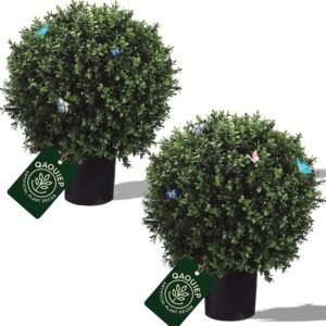 Artificial Boxwood Topiary Trees, 24 Inch Faux Plants for Front Door Porch Decor, 2 Pack UV Resistant Fake Greenery in Pots for Patio Entryway Indoor Outdoor