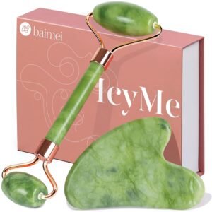 BAIMEI IcyMe Gua Sha & Jade Roller Facial Tools Face Roller and Gua Sha Set for Puffiness and Redness Reducing Skin Care Routine, Self Care for Men Women – Green