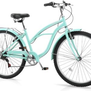 CamPingSurvivals Women Bike, 26 Inch Beach Cruiser Bike, 7 Speed Commuter Bicycle with Ergonomic Upright Frame, Full Front & Rear Fenders (Green/Black/Red)