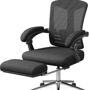 DEVAISE Ergonomic Mesh Office Desk Chair with Footrest, Comfrotable Big and Tall Reclining Computer Chair with Adjustable Lumbar Support, Backrest Adjustable, High Back SGS Class 4 Gas Lift, Black