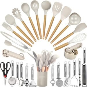 Kitchen Utensils Set- 35 PCs Cooking Utensils with Grater,Tongs, Spoon Spatula &Turner Made of Heat Resistant Food Grade Silicone and Wooden Handles Kitchen Gadgets Tools Set for Nonstick Cookware