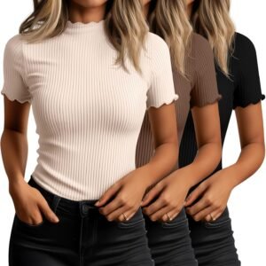 Huukeay 3 Pack Women’s Mock Turtleneck Tops Short Sleeve Cotton Lettuce Trim Ribbed Shirts Slim Tee Business Casual Outfits