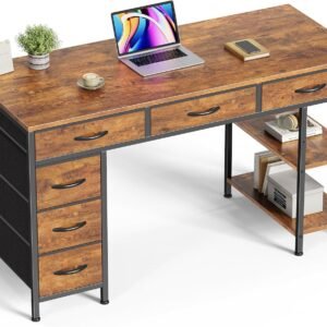 Huuger Computer Desk with 6 Drawers, Office Desk with Shelves, Reversible Gaming Desk, Corner Desk with Storage, Work for Home Office, Study, Living Room, 47inch, Rustic Brown