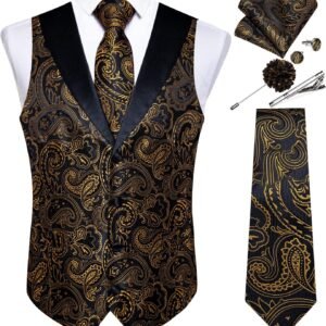 DiBanGu Mens Paisley Suit Vest Silk Jacquard Waistcoat and Necktie Set Formal Shawl Collar Dress Vest 7PCS for Wedding Party