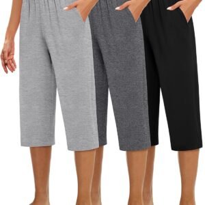 Huukeay 3 Pack Women’s Capri Sweatpants, Cozy Wide Legs Cropped Capri with Pockets, Lounge Jogger Pants Workout Yoga Solid