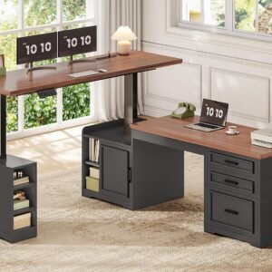 SEDETA Farmhouse L Shaped Electric Standing Desk, 63″ x 67″ Height Adjustable Home Office Executive Desk with Drawers and Shelves, Standing Computer Desks with Power Outlet for Home Office, Black