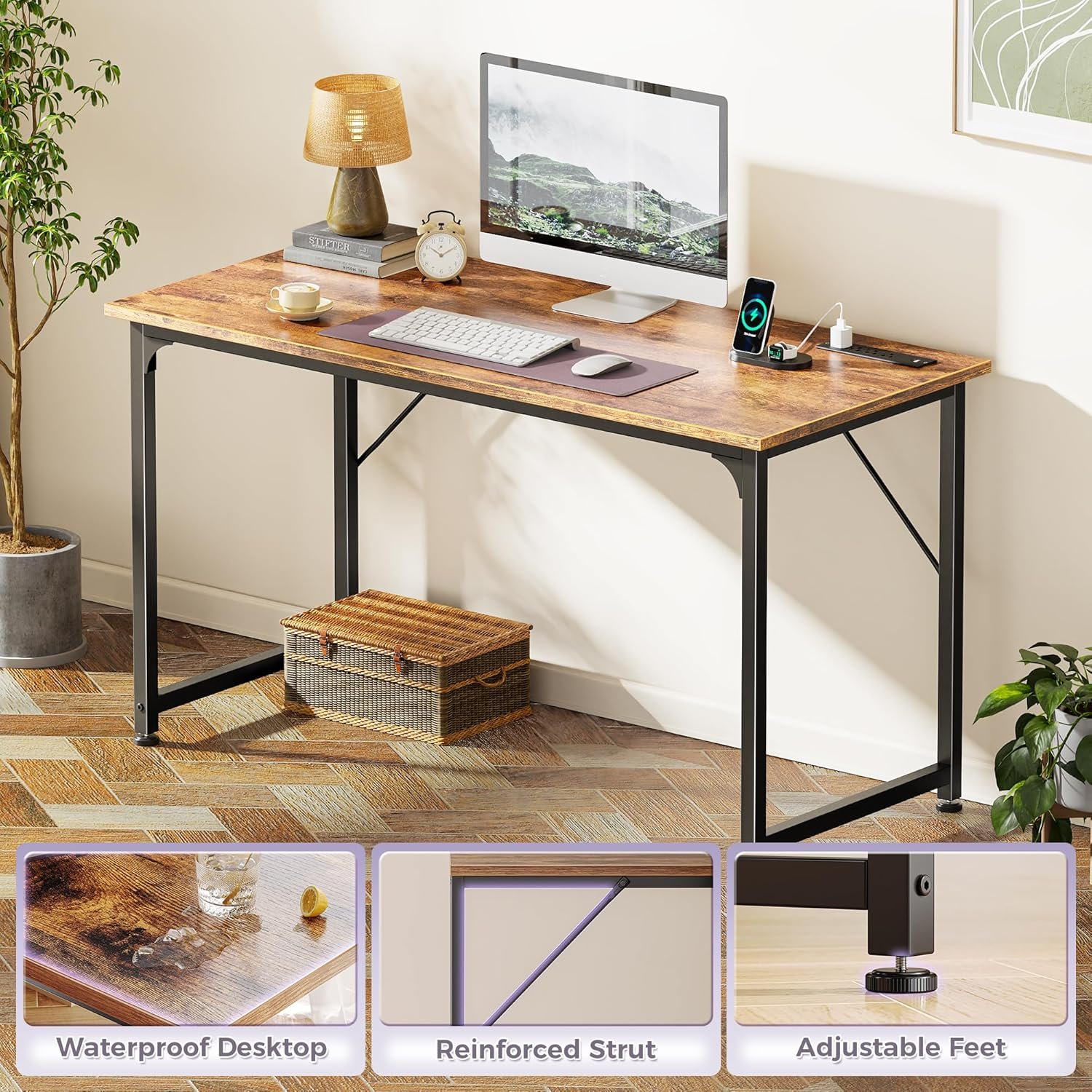 PRAISUN 47 X 20 Inch Office Computer Desk with Power Outlets and USB-C Port, Larger Gaming Desk, for Home Office, Study, Bedroom, Writing Work from Home Table, Metal Frame, Rustic Brown - Image 8