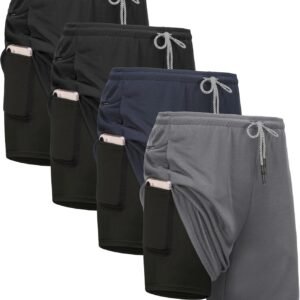 Kinglaman 4 Pack Mens 2 in 1 Running Workout Shorts with Liner, Gym Athletic Quick Dry Sport Shorts with Pockets