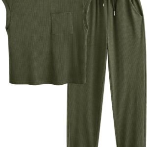 BTFBM Women’s Two Piece Tracksuit Outfits Summer Short Sleeve Tops Long Pants Jogger Lounge Matching Sets Sweatsuit