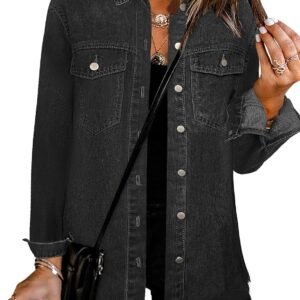 Bosmeer Women’s Oversized Jean Jacket Casual Long Sleeve Denim Shirts Distressed Frayed Hem Denim Shacket