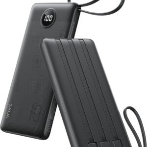 VRURC Portable Charger with Built in Cables, Slim Power Bank 10000mAh, USB C Travel Battery Pack, 5 Output 2 Input External Charging Bank for iPhone 17 16 15 14 13,Samsung,Android-Black(1 Pack)