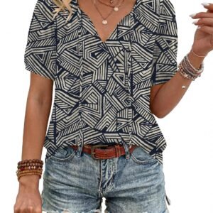 LOMON Boho Tops for Women Summer V-Neck Tie Front Peasant Blouses Casual Puff Sleeve Loose-Fit Flowy Shirts Beach Vacation