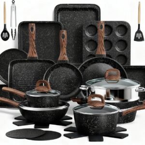 Pots and Pans Set Non Stick, 31 Piece Kitchen Induction Cookware & Bakeware Set, Nonstick Kitchen Cooking Pans Set with Frying Pans Set Grill Pan Saucepan Baking Sheet & Utensils, PFOA Free