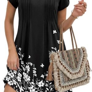 Zeagoo Summer Dresses for Women Casual A Line Dress 2026 V Neck Short Dresses Floral Sundress Pleated Boho Dress