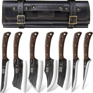 HOSHANHO Butcher Knife Set, Hand Forged Butcher Chef Knife Set with Roll Bag, Sharp Meat Cleaver Knife & Bone Chopper Knives & Fillet Knives for Home & Camping & BBQ Gift with Men