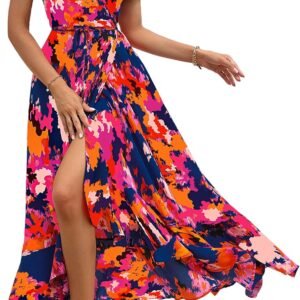 PRETTYGARDEN Women’s Boho Floral Maxi Dress Summer Short Sleeve Wrap V Neck Long Flowy Beach Vacation Wedding Guest Dresses