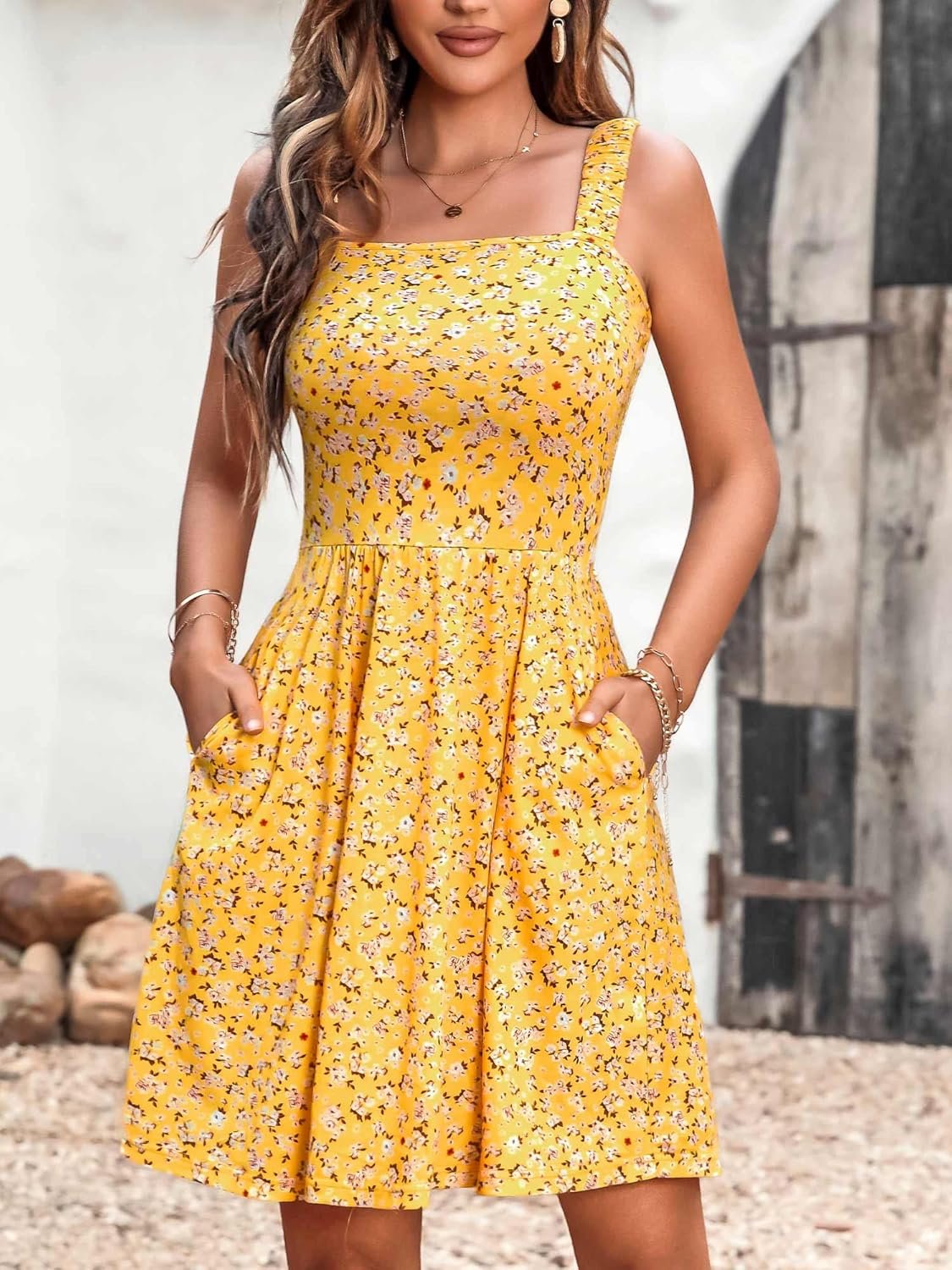 HUHOT Women's Summer Casual Square Neck Dress with Pocket Cute Sleeveless High Waist A-line Sundress Midi Dresses 2026 - Image 2