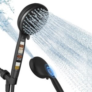 Shower Head with Handheld, Shower Heads High Pressure, Shower Head with Filter-Hand Held Showerhead Set,7 Modes Filtered Showerhead with 59″Replacement Hose/Bracket/Filters (black)