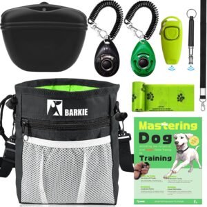 BARKIE Dog Training Kit – Treat Pouch, Pet Training Fanny Pack, 2 Puppy Training Clickers, Ultrasonic Silent Whistle, 2-in-1 Whistle Clicker, Clicker Training Guide Booklet, Dog Poop Bag (Black)