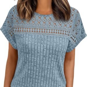 AUTOMET Womens Lace Short Sleeves Shirts Crochet Spring Loose Tops Dressy Business Casual Blouses Summer Fshion Tunics