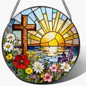 Stained Glass Window Hanging, 7.8″ Stained Glass Faith Cross Sun Catcher, Suncatcher for Windows, Doors & Home Decor, Christian & Religious Cross Gift