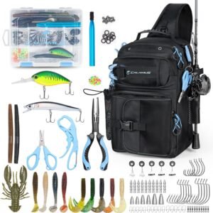 Calamus GearMaster Fishing Sling Tackle Bag & Tool Set, 3500 Tackle Box & Fishing Gear with Fishing lures, Fishing Pliers, Fishing Scissors, Lip Gripper, Wacky Tool