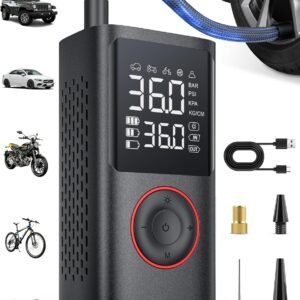 Powools Tire Inflator Portable Air Compressor, 150 PSI Cordless Bike Pump, Air Pump for Auto, Motorcycle, Bicycle, Balls with Pressure Gauge, LED Light & Car Accessories, Black, Standard Capacity